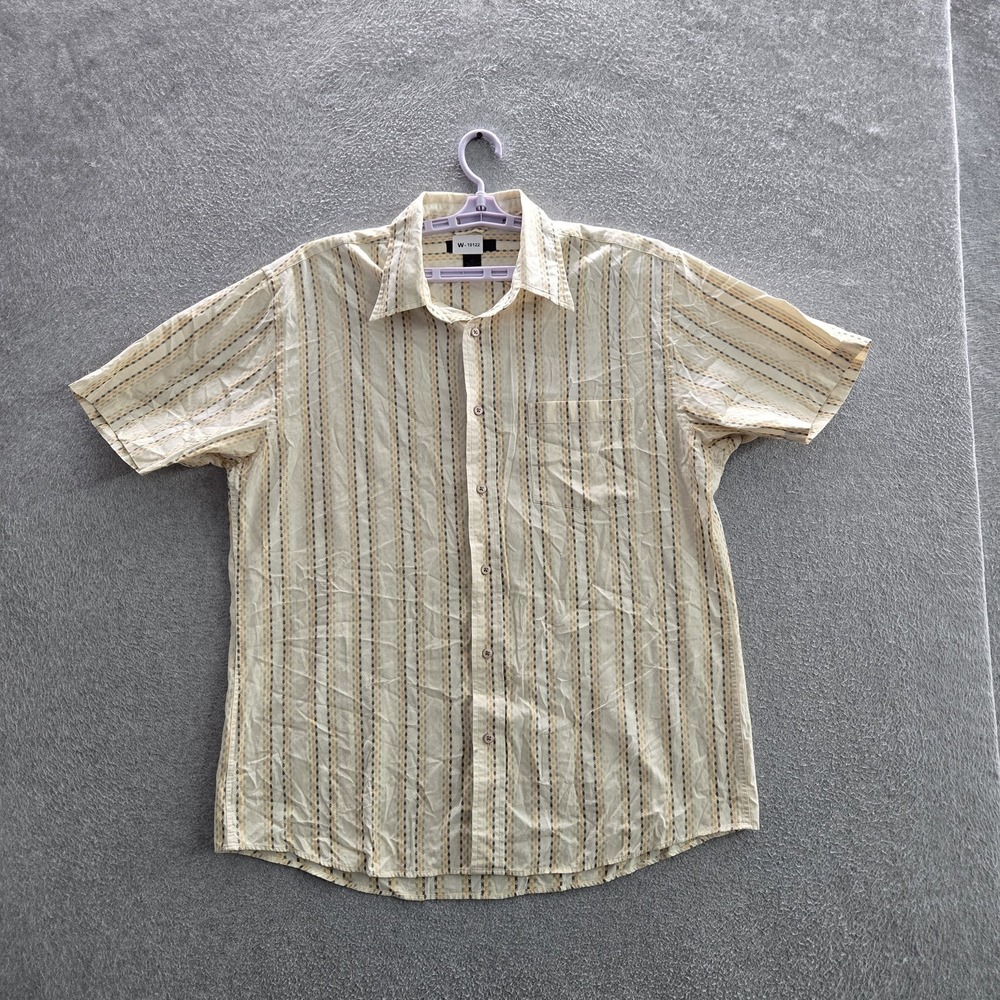 VINTAGE Express Men Button Up Shirt XL Beige Striped Short Sleeve